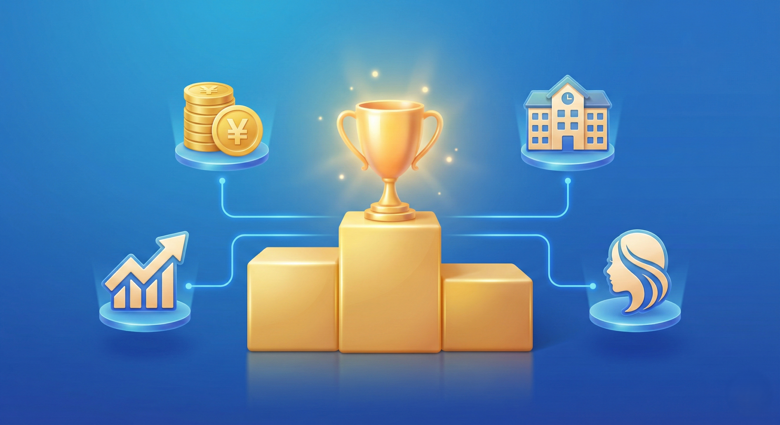 工場求人サイトの目的別比較ランキングをイメージしたトロフィーとアイコンのイラスト