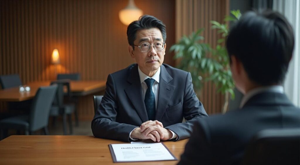 面接で健康状態と誠実さをアピールする中高年の求職者