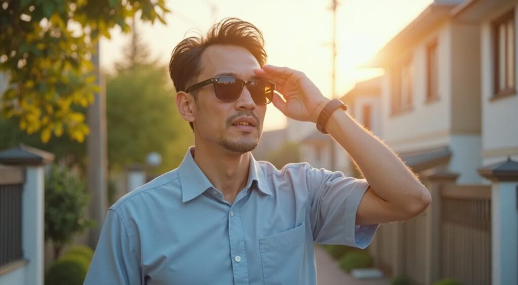 夜勤明けにサングラスで日光を遮断して帰宅する様子