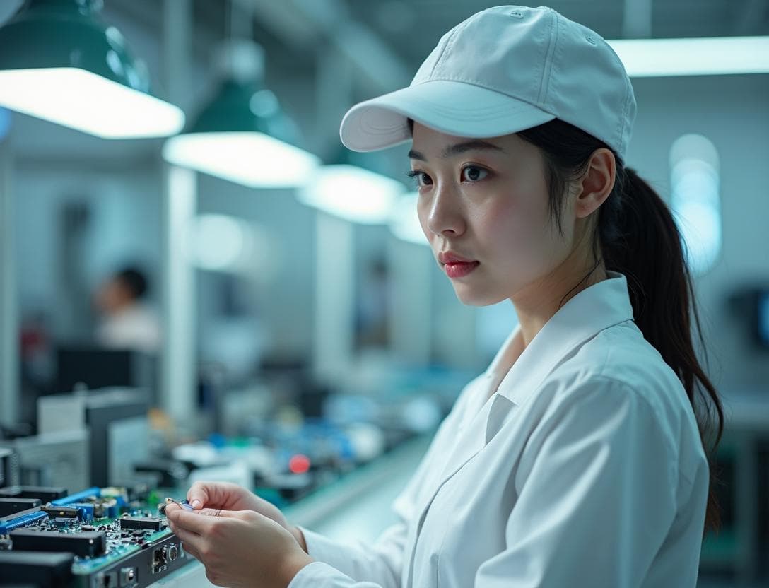 クリーンルームで検品作業をする女性工場作業員