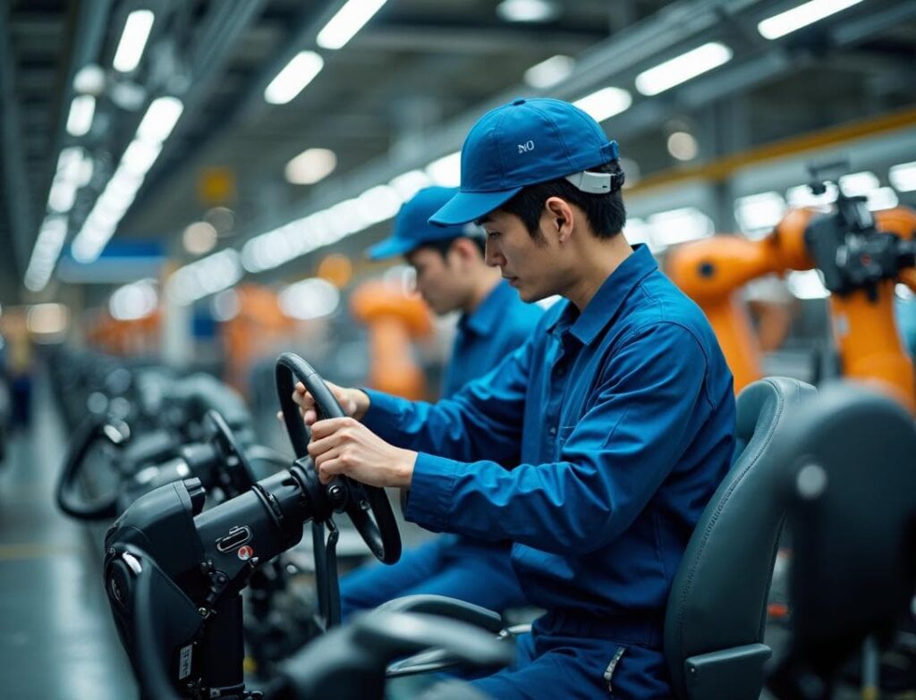 自動車工場の組立ラインでテキパキと働く作業員