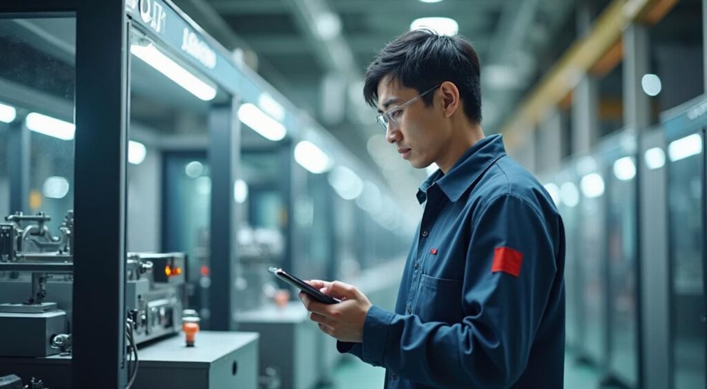 タブレットで機械を管理する工場作業員