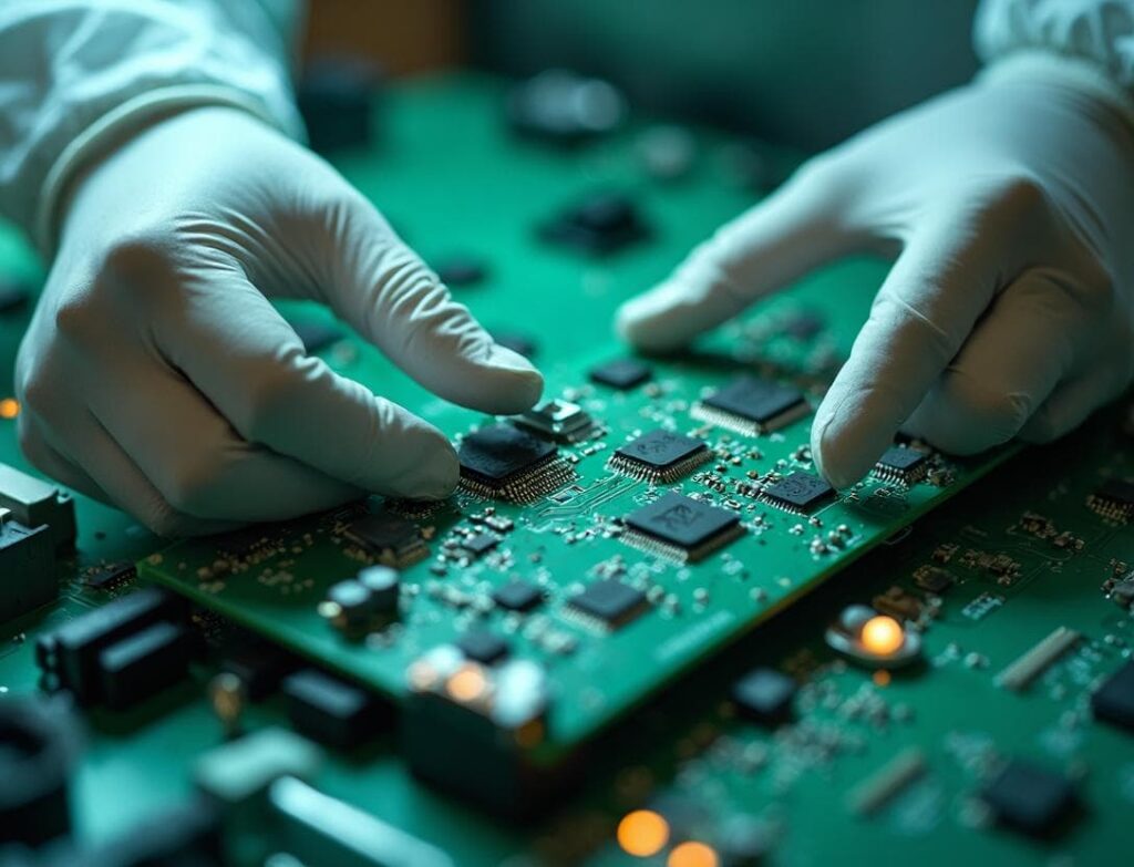 精密部品を目視でチェックする検査工程の様子