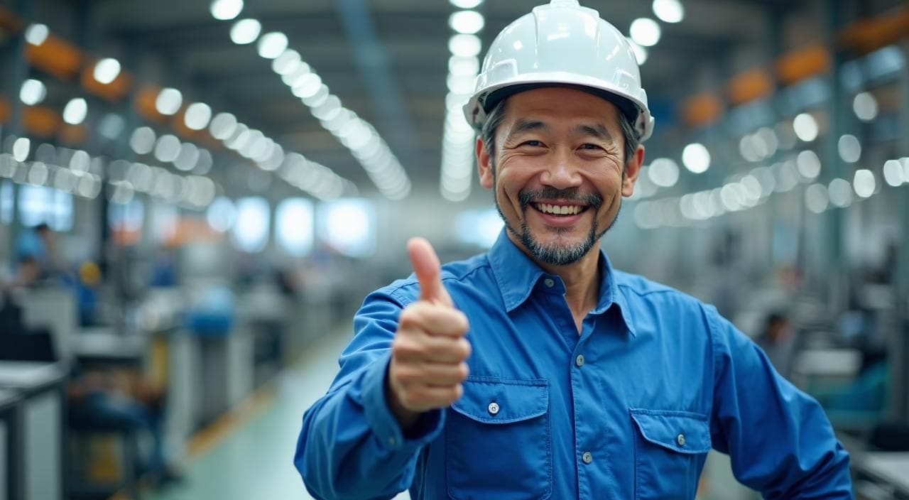 40代・50代の男性が工場で自信を持って働いているイメージイラスト