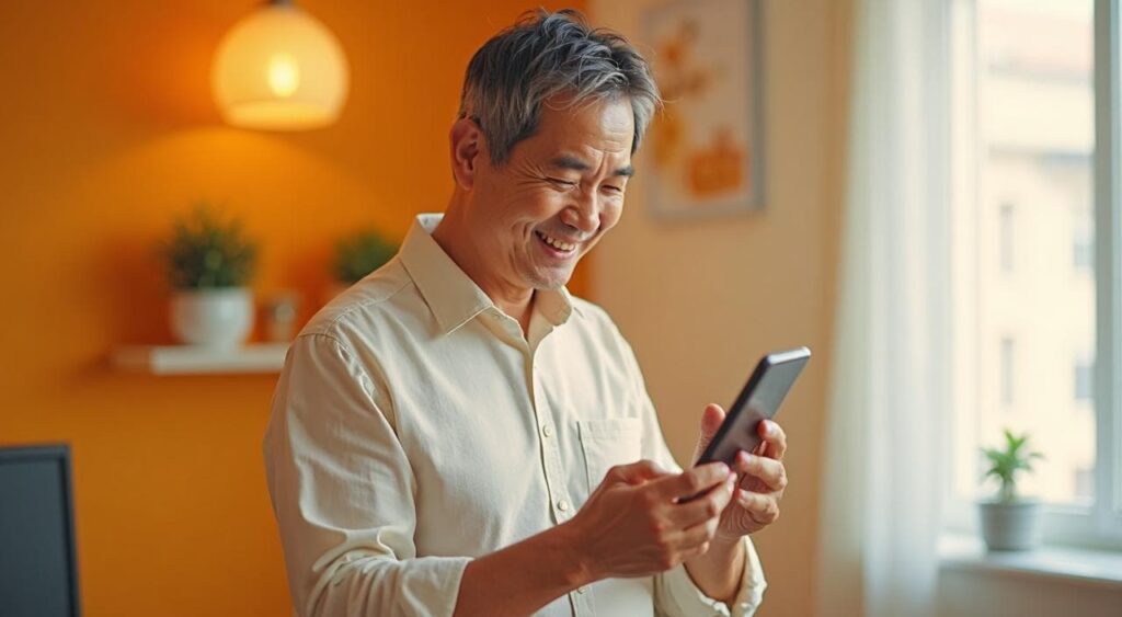 工場求人フォルダをスマホで操作し、求人を見つけて安心している中高年男性のイメージ