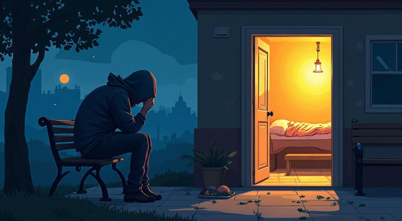 携帯停止・所持金0円の絶望的な状況から、温かい工場の寮生活へ救済されるイメージ