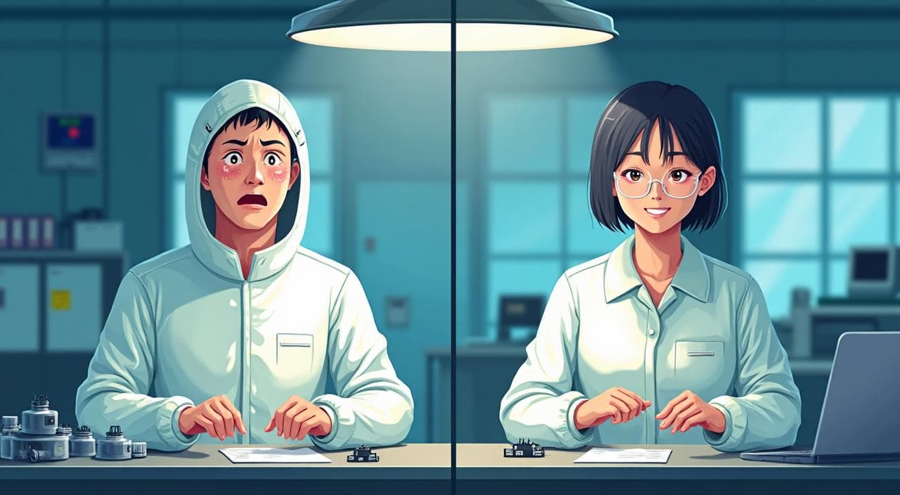 半導体工場のクリーンルームでのきつい作業と、快適な検査・軽作業の配属ガチャによる違いを示すイラスト