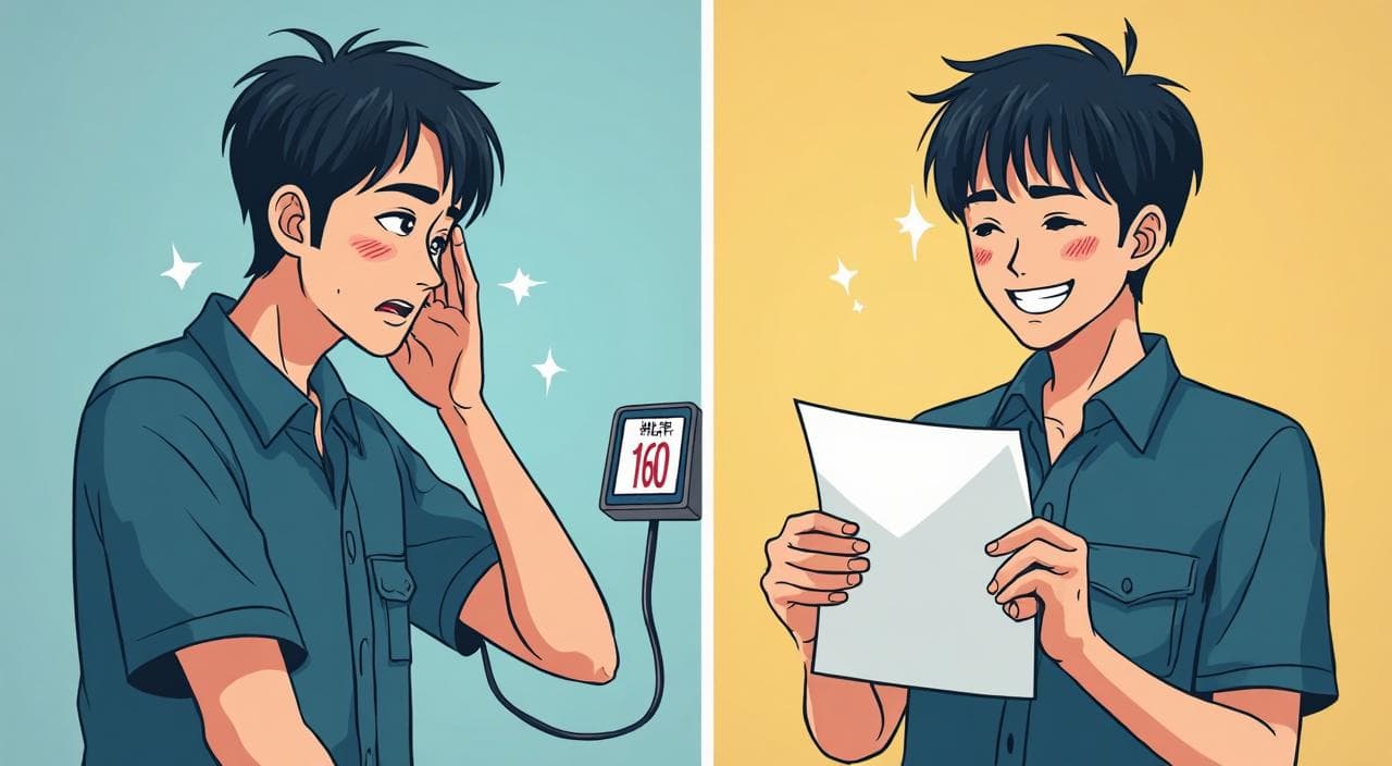 期間工の健康診断における高血圧などの不安と、無事に合格して安心するイメージ