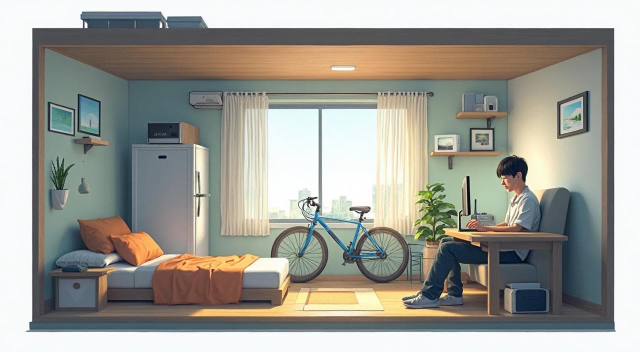 期間工のワンルーム寮にゲーム機やWi-Fiルーターを持ち込んで、快適にプライベートの時間を楽しむイメージ